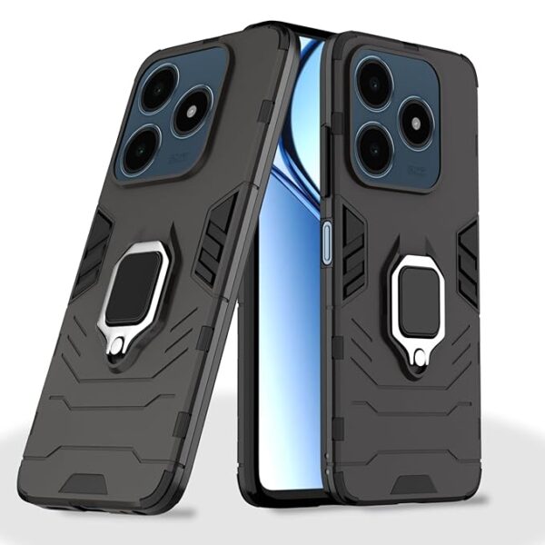 Pikkme D5 Tough Armor Back Cover | 360 Protection Case | Ring Holder Stand Bumper Case for Realme C63 4G (Black)
